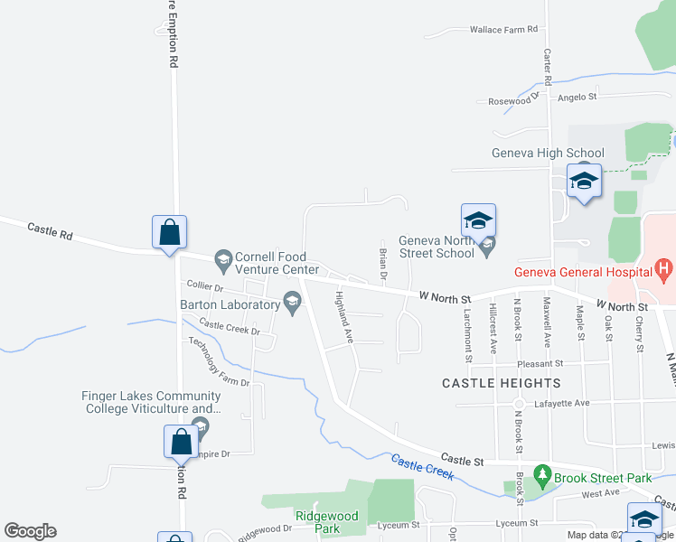 map of restaurants, bars, coffee shops, grocery stores, and more near 540-560 West North Street in Geneva