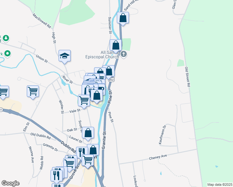 map of restaurants, bars, coffee shops, grocery stores, and more near 1 Concord Street in Peterborough