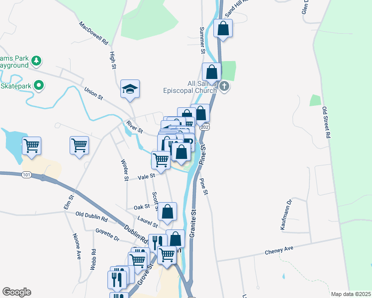 map of restaurants, bars, coffee shops, grocery stores, and more near 0 Depot Street in Peterborough