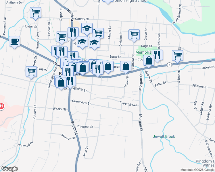 map of restaurants, bars, coffee shops, grocery stores, and more near 230 Union Street in Bennington