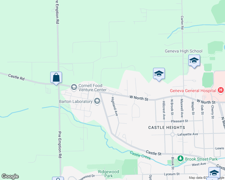map of restaurants, bars, coffee shops, grocery stores, and more near 540-560 West North Street in Geneva