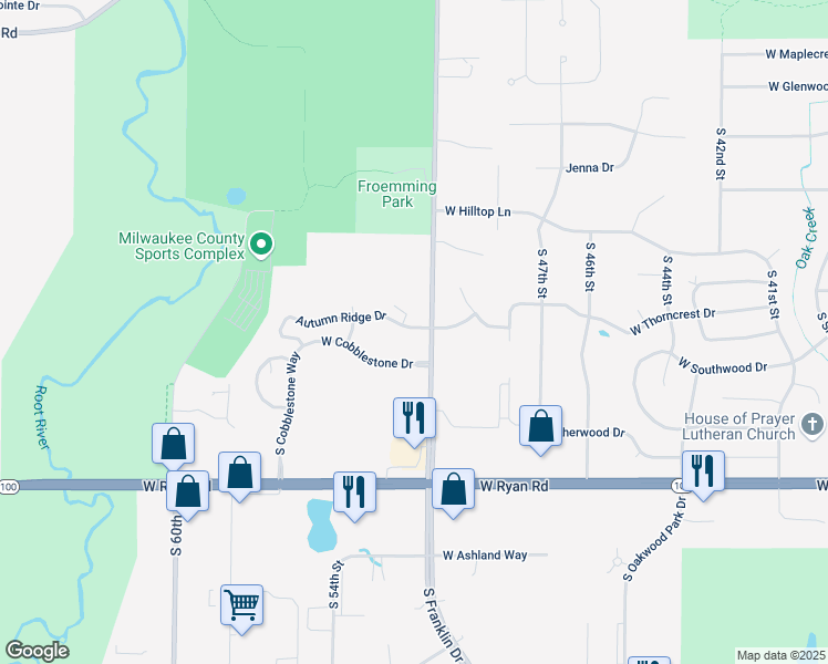 map of restaurants, bars, coffee shops, grocery stores, and more near 9207 South 51st Street in Franklin
