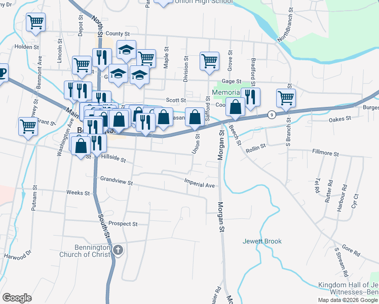 map of restaurants, bars, coffee shops, grocery stores, and more near 651 Main Street in Bennington