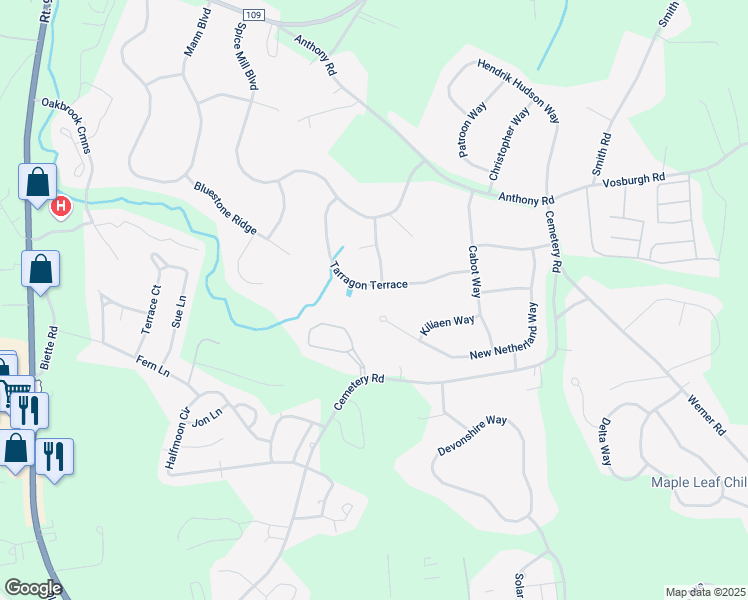map of restaurants, bars, coffee shops, grocery stores, and more near 20 Tarragon Terrace in Saratoga County
