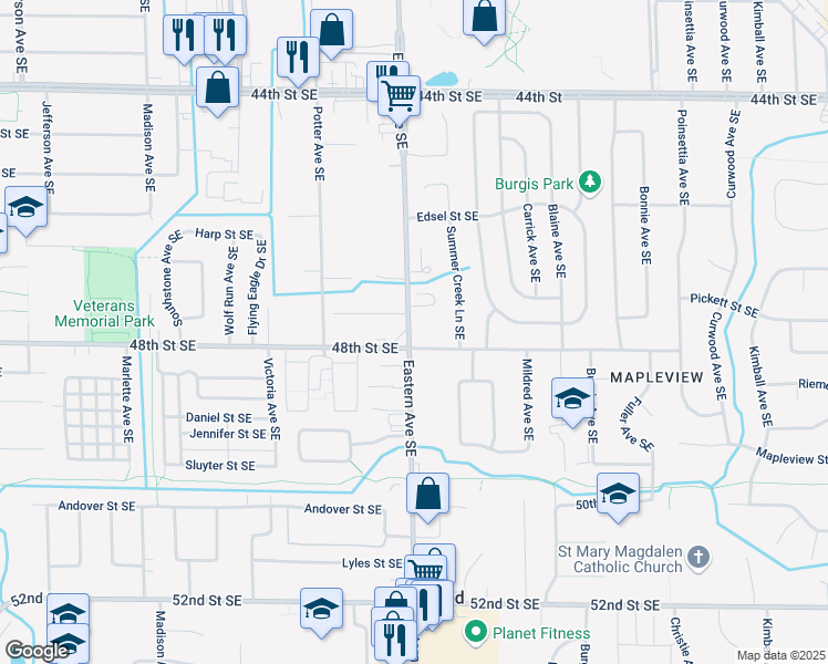 map of restaurants, bars, coffee shops, grocery stores, and more near 4756 Eastern Avenue Southeast in Kentwood