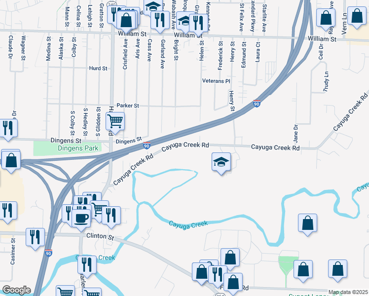 map of restaurants, bars, coffee shops, grocery stores, and more near 207 Cayuga Creek Road in Buffalo