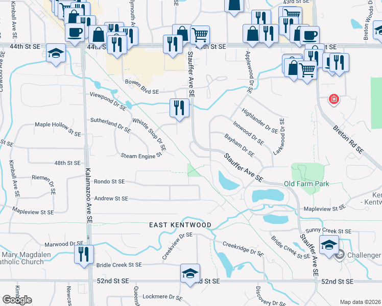 map of restaurants, bars, coffee shops, grocery stores, and more near 4741 Circle Shore Drive Southeast in Kentwood
