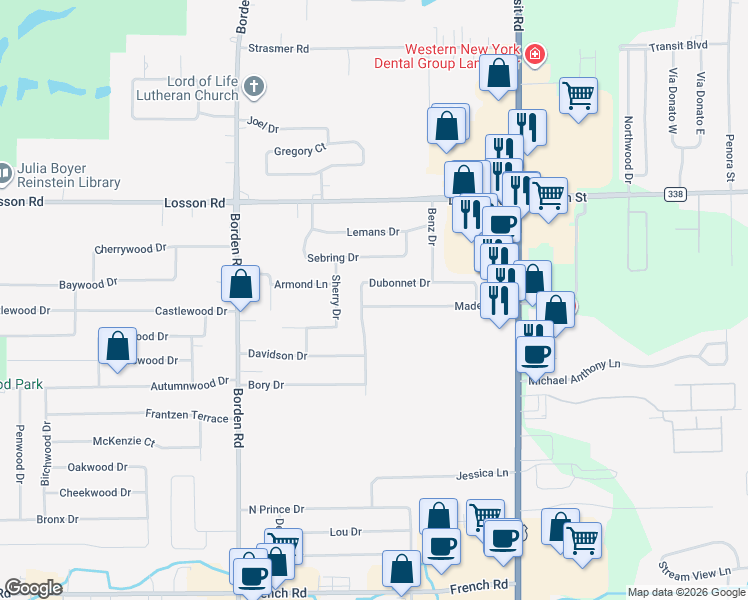 map of restaurants, bars, coffee shops, grocery stores, and more near 117 Dubonnet Drive in Depew