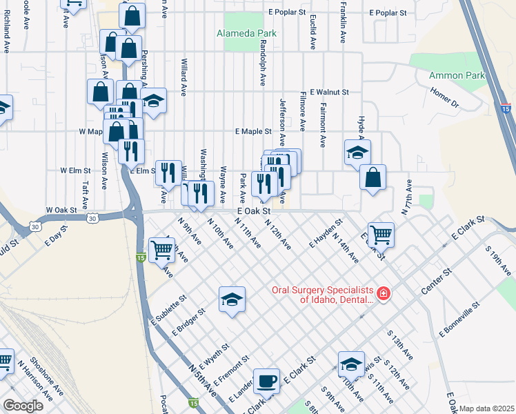 map of restaurants, bars, coffee shops, grocery stores, and more near 129 Randolph Avenue in Pocatello