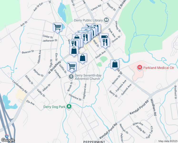 map of restaurants, bars, coffee shops, grocery stores, and more near 3 Nutfield Court in Derry