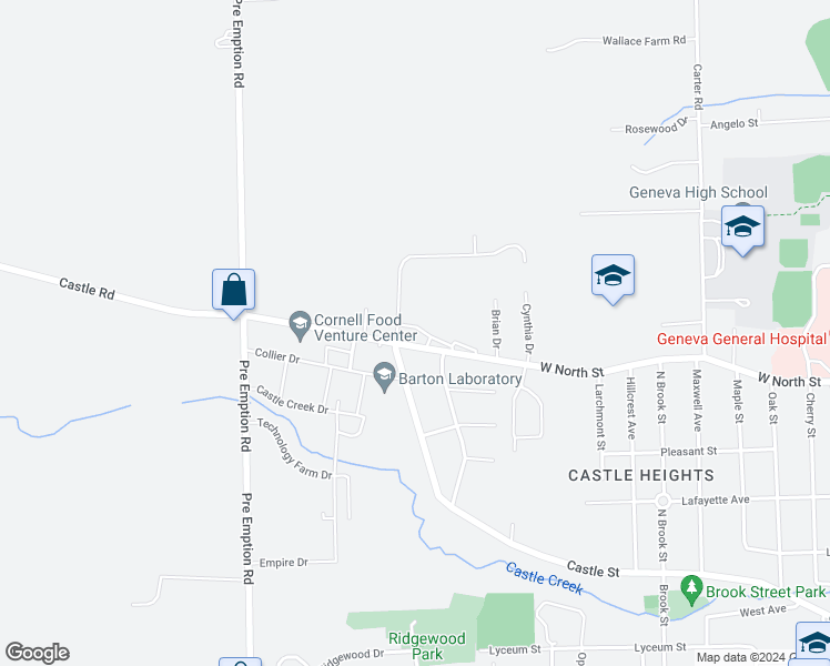 map of restaurants, bars, coffee shops, grocery stores, and more near 540-560 West North Street in Geneva