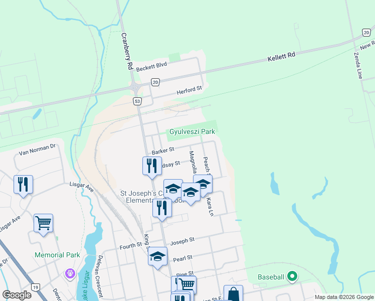 map of restaurants, bars, coffee shops, grocery stores, and more near 37 Barker Street in Tillsonburg