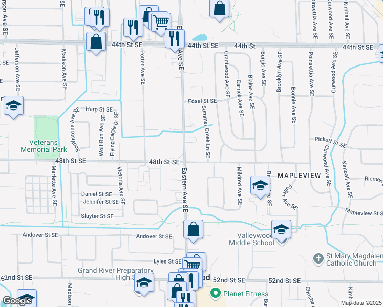 map of restaurants, bars, coffee shops, grocery stores, and more near 4725 Eastern Avenue Southeast in Kentwood