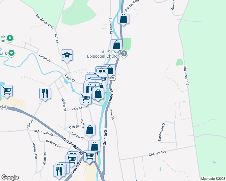 map of restaurants, bars, coffee shops, grocery stores, and more near 1 Concord Street in Peterborough