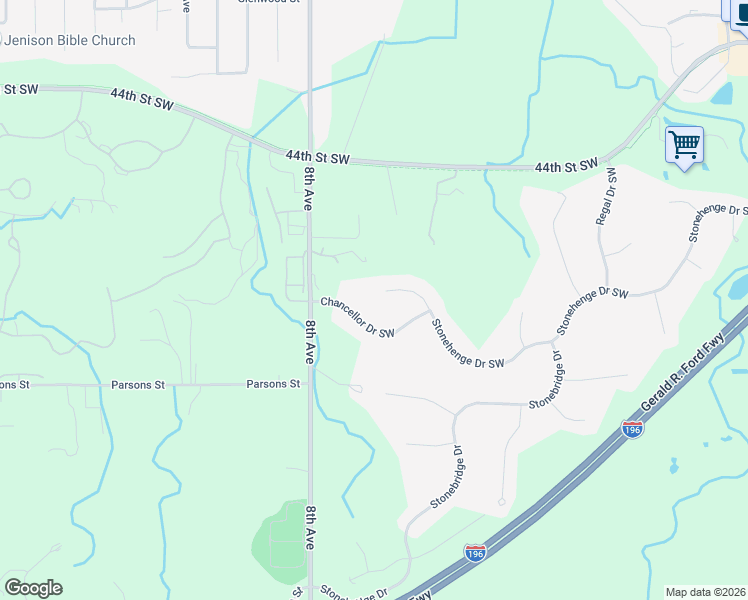map of restaurants, bars, coffee shops, grocery stores, and more near 663 Stonehenge Drive Southwest in Grandville