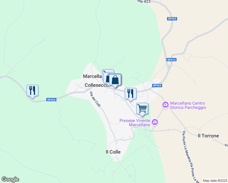 map of restaurants, bars, coffee shops, grocery stores, and more near 17 Via San Terenziano in Marcellano