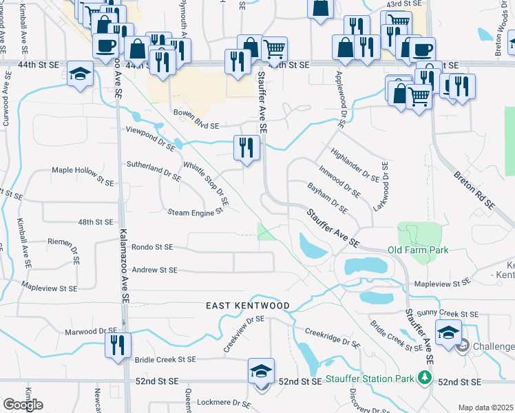 map of restaurants, bars, coffee shops, grocery stores, and more near 4723 Circle Shore Drive Southeast in Kentwood