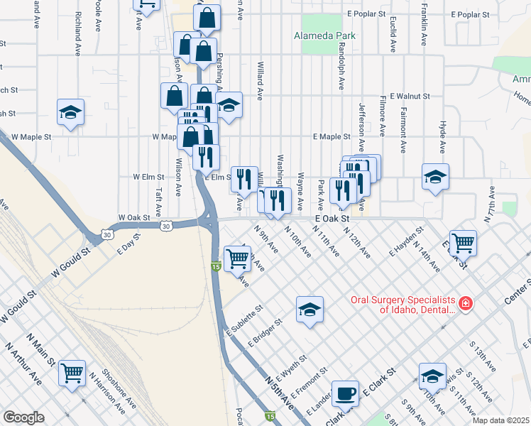 map of restaurants, bars, coffee shops, grocery stores, and more near 408 East Oak Street in Pocatello