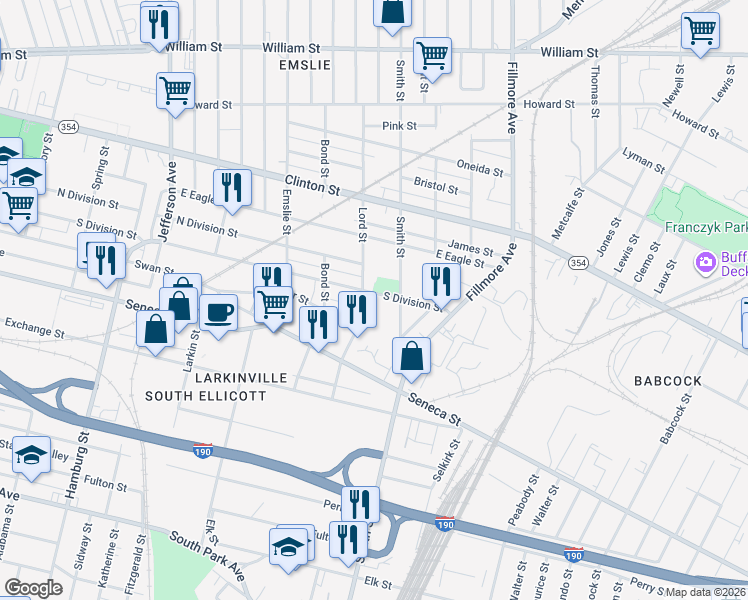 map of restaurants, bars, coffee shops, grocery stores, and more near 839 South Division Street in Buffalo