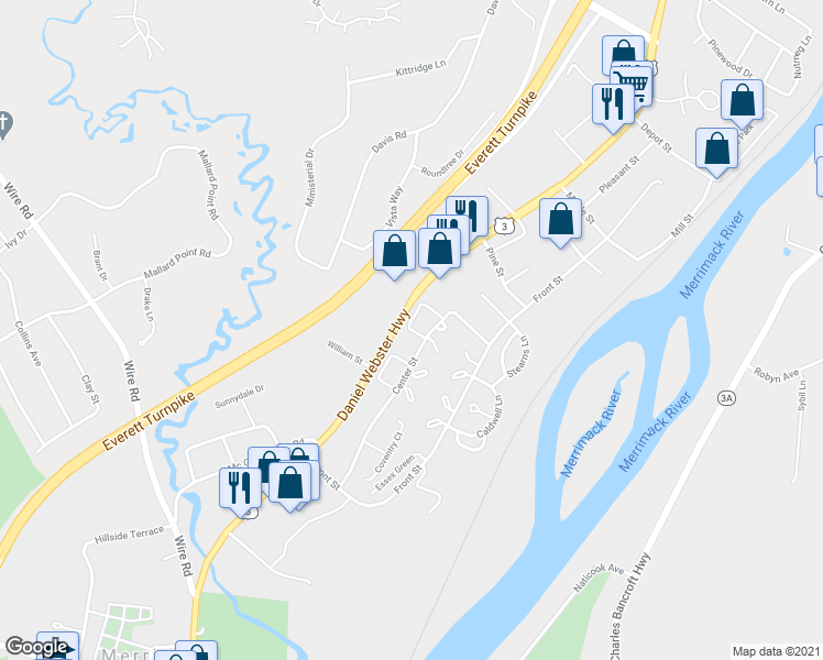 map of restaurants, bars, coffee shops, grocery stores, and more near 45 London Court in Merrimack