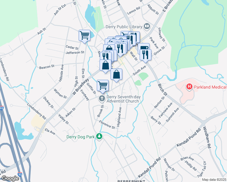 map of restaurants, bars, coffee shops, grocery stores, and more near 29 Central Court in Derry