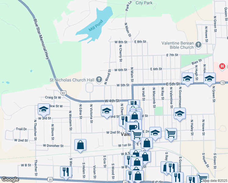 map of restaurants, bars, coffee shops, grocery stores, and more near 401-499 N Wood St in Valentine
