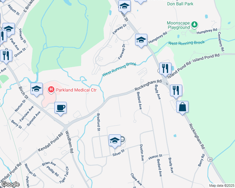map of restaurants, bars, coffee shops, grocery stores, and more near 74 Rockingham Road in Derry