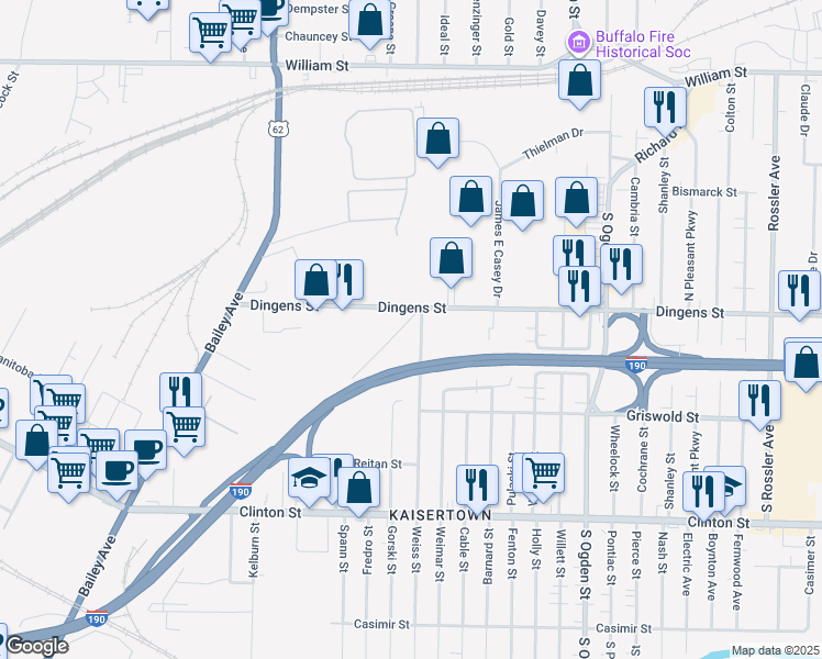 map of restaurants, bars, coffee shops, grocery stores, and more near 390 Weiss Street in Buffalo