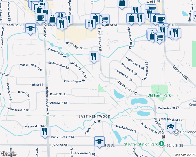map of restaurants, bars, coffee shops, grocery stores, and more near 4723 Circle Shore Drive Southeast in Kentwood
