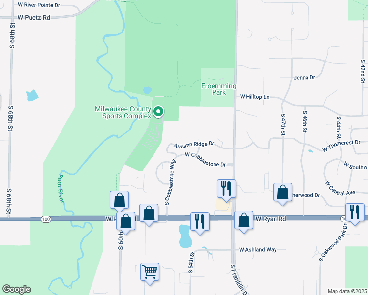 map of restaurants, bars, coffee shops, grocery stores, and more near 9251 Autumn Ridge Drive in Franklin