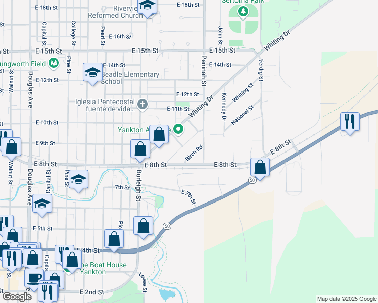 map of restaurants, bars, coffee shops, grocery stores, and more near 810 Birch Road in Yankton