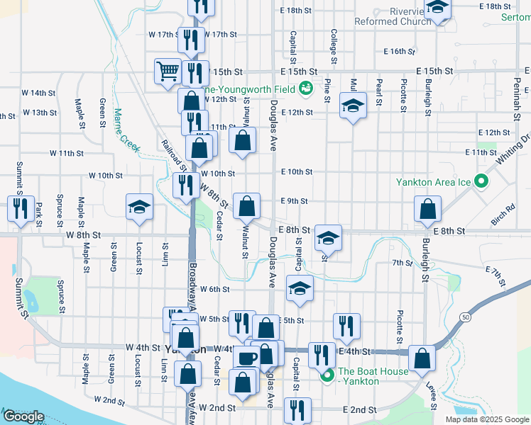 map of restaurants, bars, coffee shops, grocery stores, and more near 811-899 Douglas Avenue in Yankton