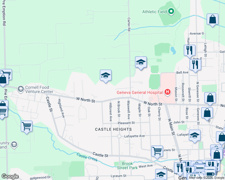 map of restaurants, bars, coffee shops, grocery stores, and more near 400 West North Street in Geneva