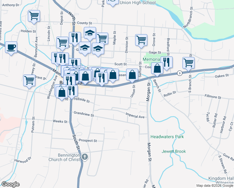 map of restaurants, bars, coffee shops, grocery stores, and more near 230 Union Street in Bennington