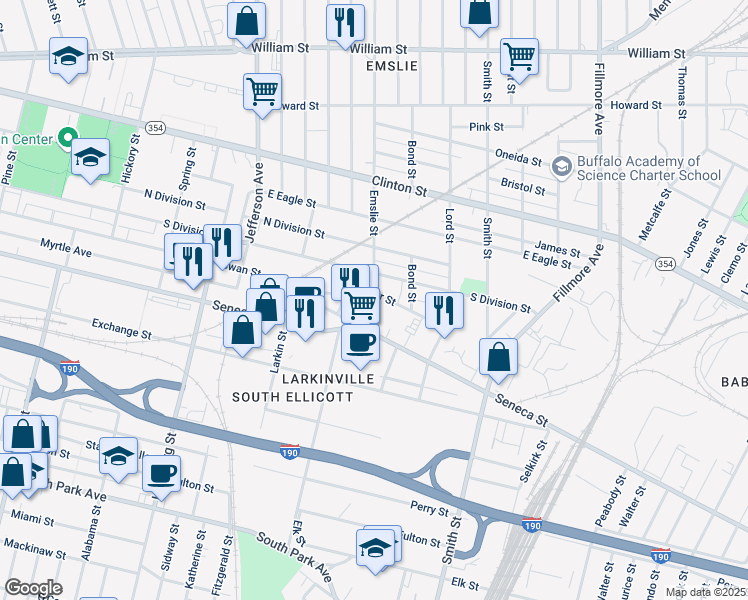 map of restaurants, bars, coffee shops, grocery stores, and more near 29 Emslie Street in Buffalo