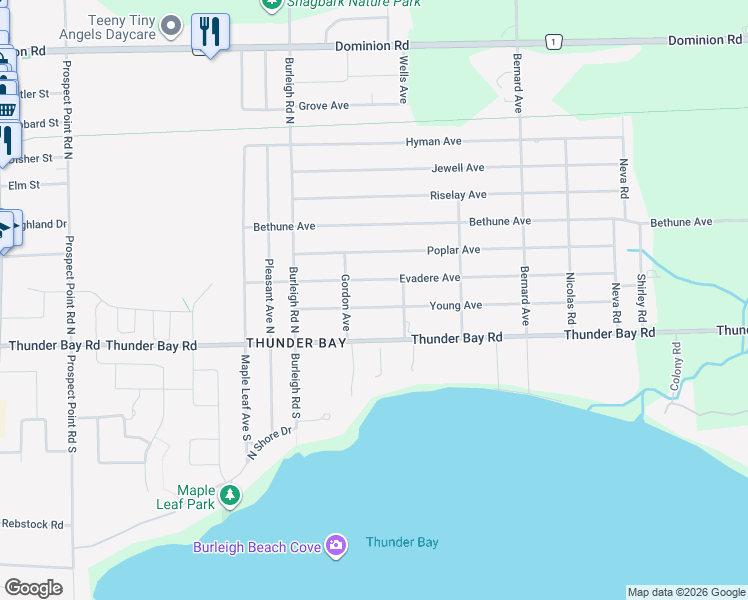 map of restaurants, bars, coffee shops, grocery stores, and more near 3252 Young Avenue in Fort Erie
