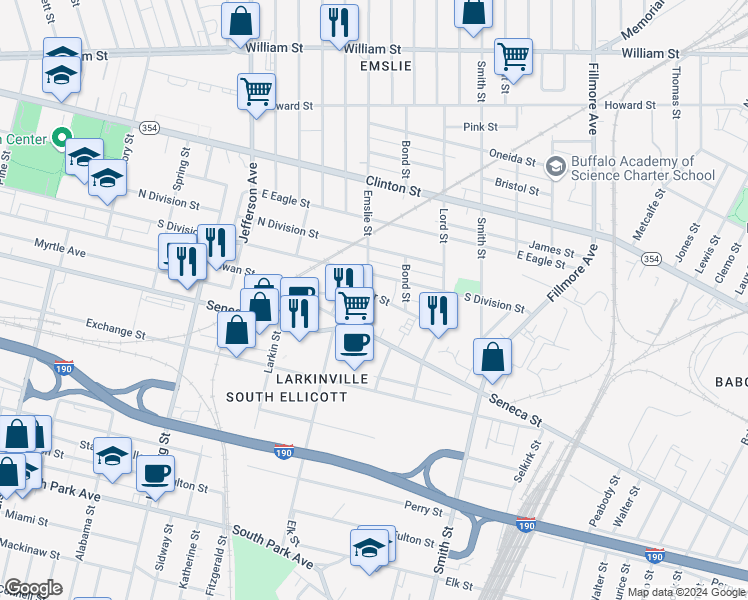 map of restaurants, bars, coffee shops, grocery stores, and more near 31 Emslie Street in Buffalo