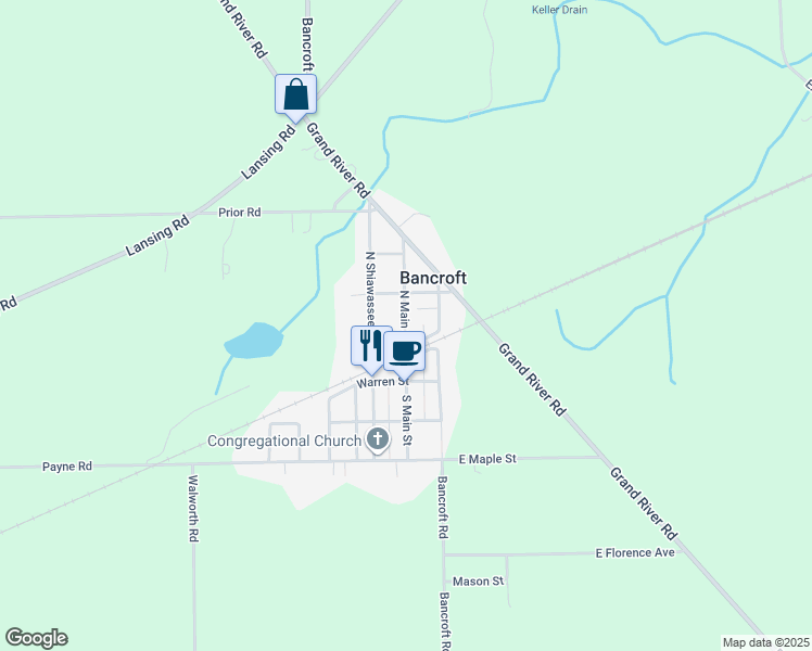 map of restaurants, bars, coffee shops, grocery stores, and more near 224 North Main Street in Bancroft