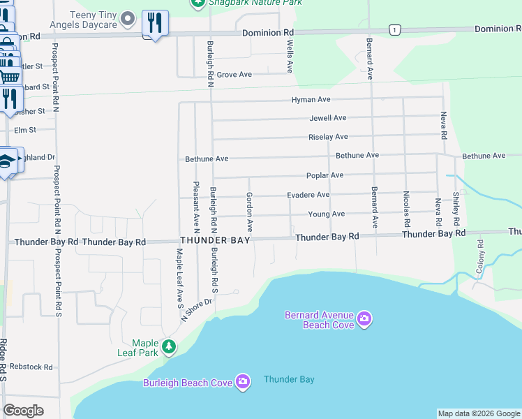 map of restaurants, bars, coffee shops, grocery stores, and more near 3269 Evadere Avenue in Fort Erie