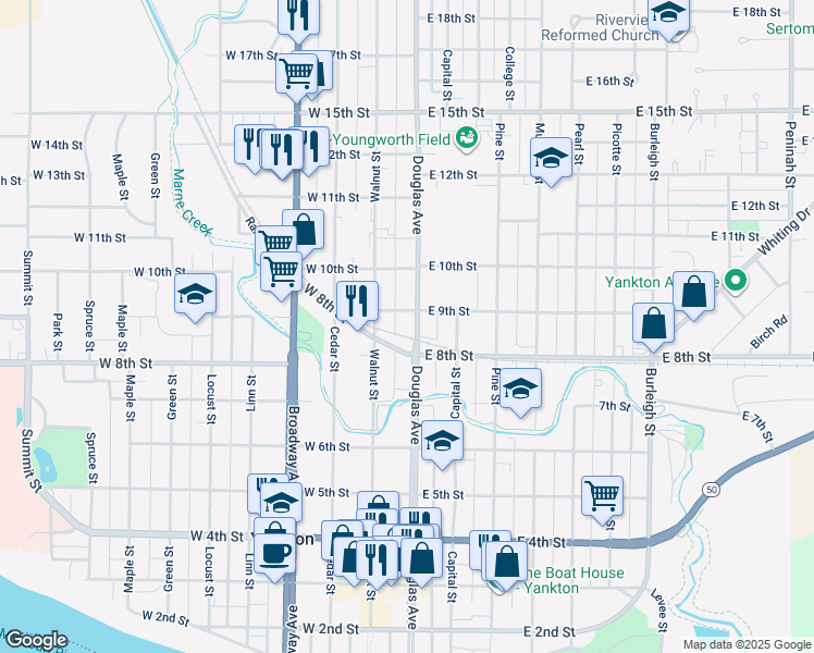 map of restaurants, bars, coffee shops, grocery stores, and more near 811 Douglas Avenue in Yankton