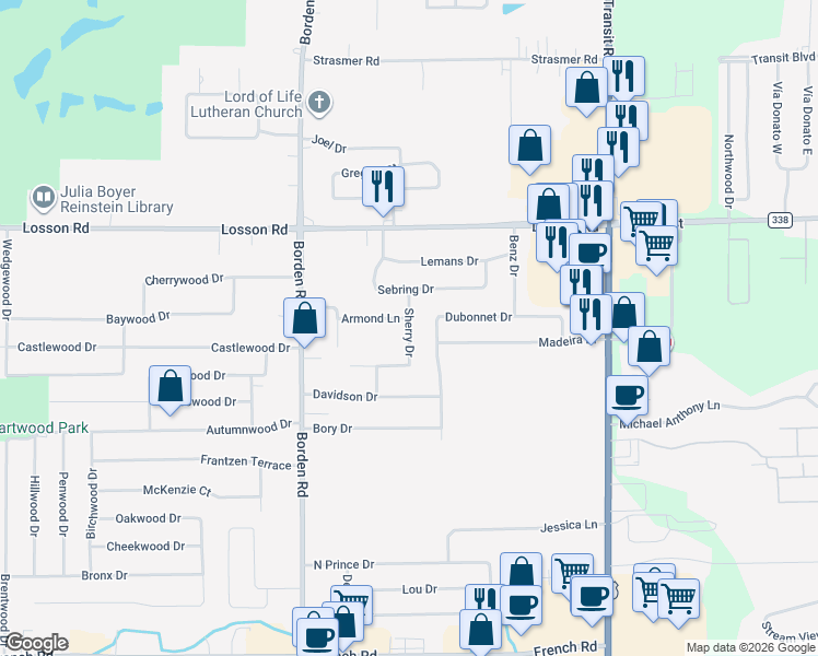map of restaurants, bars, coffee shops, grocery stores, and more near 14 Sherry Drive in Depew