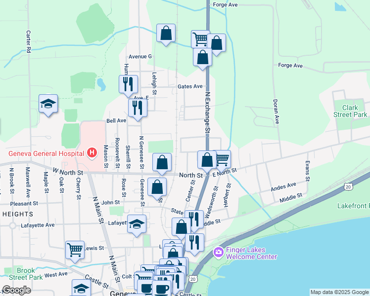 map of restaurants, bars, coffee shops, grocery stores, and more near 40 Prospect Avenue in Geneva