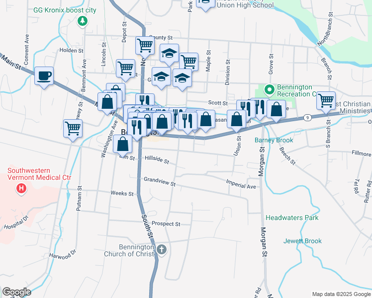 map of restaurants, bars, coffee shops, grocery stores, and more near 205 Valentine Street in Bennington