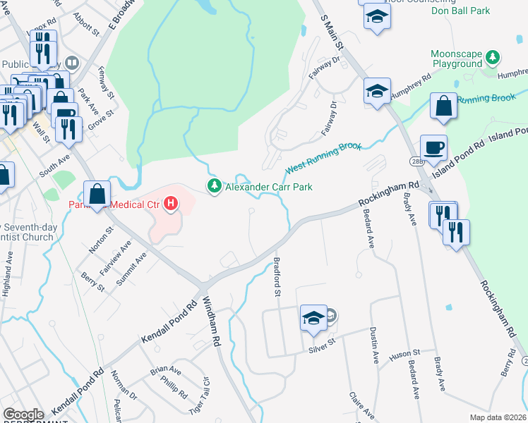 map of restaurants, bars, coffee shops, grocery stores, and more near 15 Sunnyside Lane in Derry