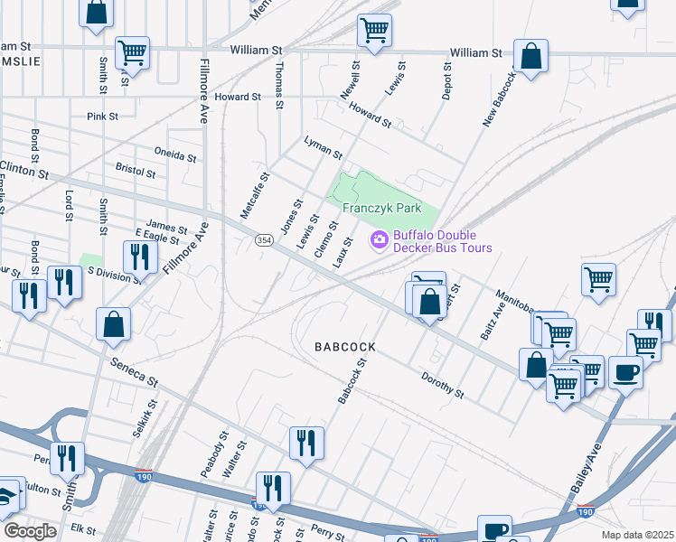 map of restaurants, bars, coffee shops, grocery stores, and more near 15 Laux Street in Buffalo