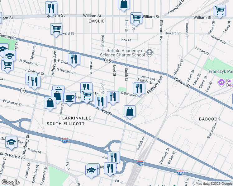 map of restaurants, bars, coffee shops, grocery stores, and more near 801 South Division Street in Buffalo