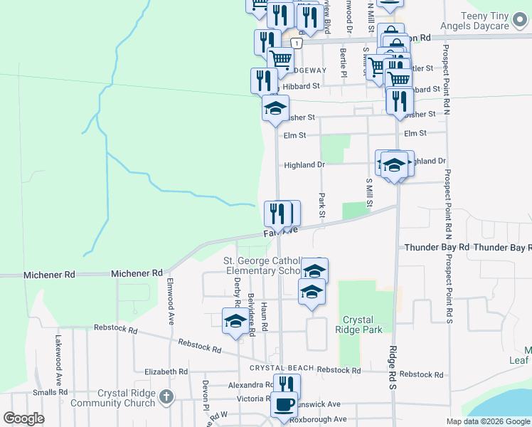 map of restaurants, bars, coffee shops, grocery stores, and more near 113 Gorham Road in Fort Erie