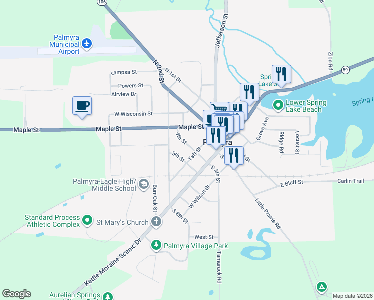 map of restaurants, bars, coffee shops, grocery stores, and more near 216 North 4th Street in Palmyra