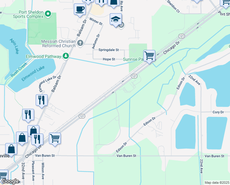 map of restaurants, bars, coffee shops, grocery stores, and more near 2500 Chicago Drive in Hudsonville