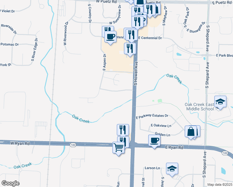 map of restaurants, bars, coffee shops, grocery stores, and more near 155 West Oak Leaf Drive in Oak Creek